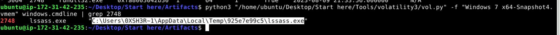 Volatility3 windows.cmdline output filtered for PID 2748, showing lssass.exe executing from C:\Users\0XSH3R~1\AppData\Local\Temp\925e7e99c5\lssass.exe.